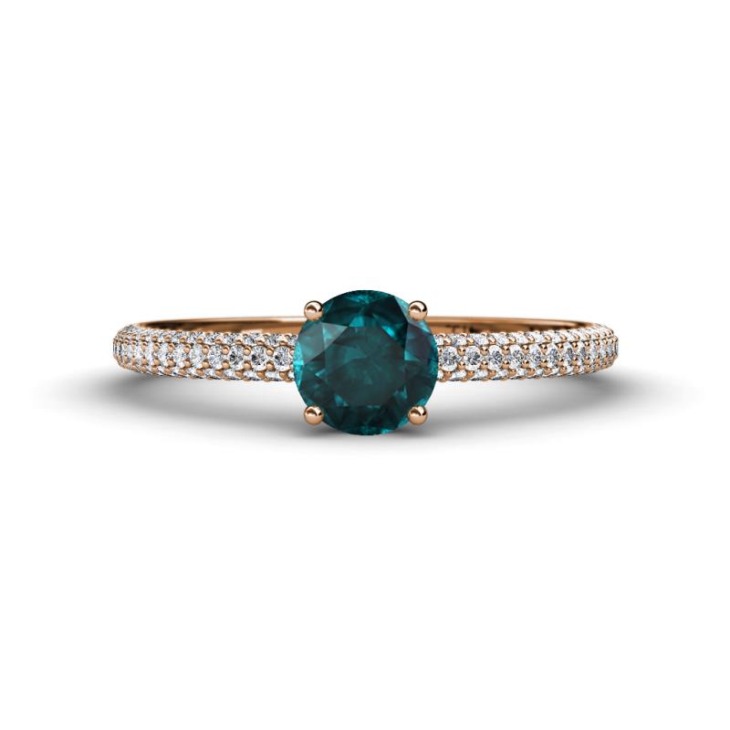 Serina Classic Round London Blue Topaz and Diamond 3 Row Micro Pave Shank Engagement Ring 