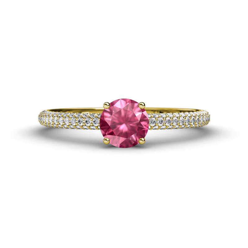 Serina Classic Round Pink Tourmaline and Diamond 3 Row Micro Pave Shank Engagement Ring 