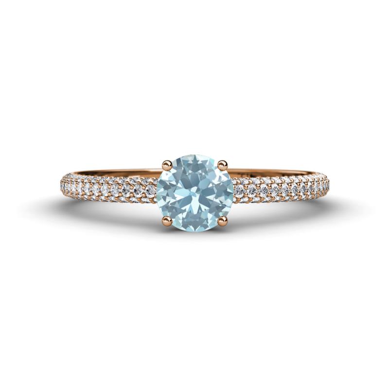 Serina Classic Round Aquamarine and Diamond 3 Row Micro Pave Shank Engagement Ring 