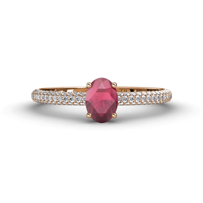 Serina Classic Oval Cut Rhodolite Garnet and Round Diamond 3 Row Shank Engagement Ring 