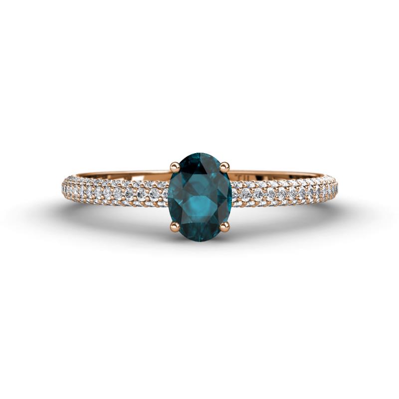 Serina Classic Oval Cut London Blue Topaz and Round Diamond 3 Row Shank Engagement Ring 