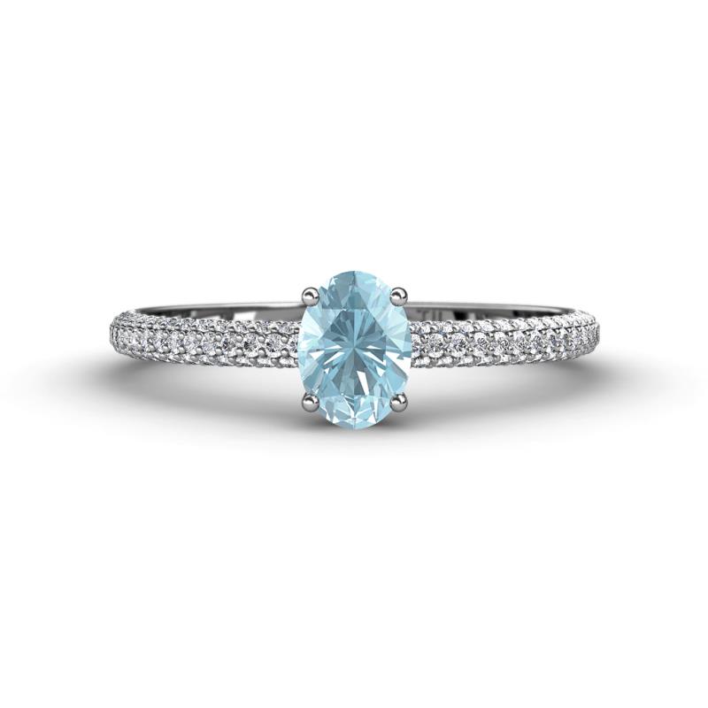 Serina Classic Oval Cut Aquamarine and Round Diamond 3 Row Shank Engagement Ring 