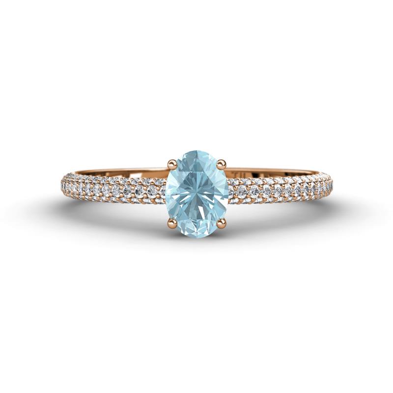 Serina Classic Oval Cut Aquamarine and Round Diamond 3 Row Shank Engagement Ring 