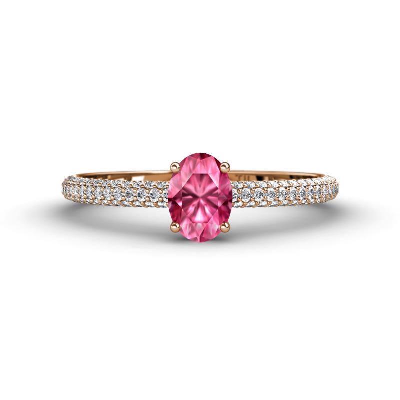 Serina Classic Oval Cut Pink Tourmaline and Round Diamond 3 Row Shank Engagement Ring 