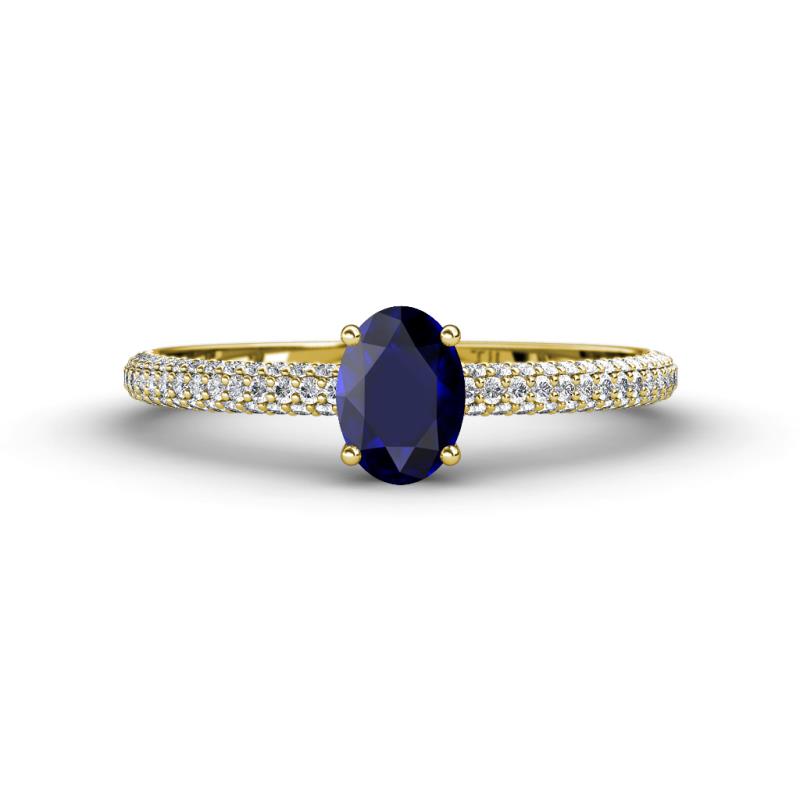 Serina Classic Oval Cut Blue Sapphire and Round Diamond 3 Row Shank Engagement Ring 