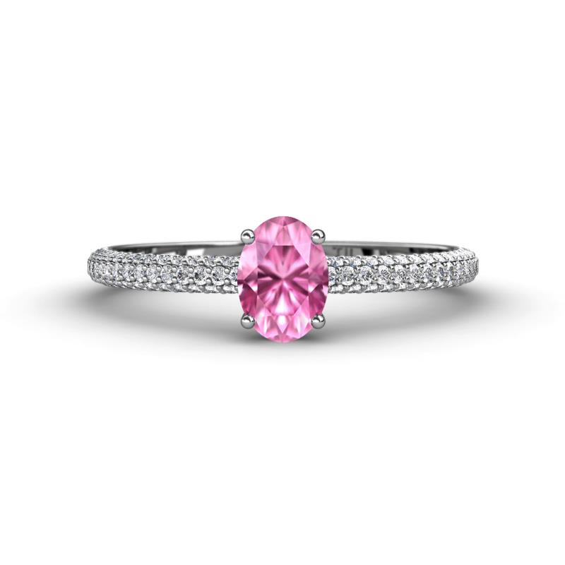 Serina Classic Oval Cut Pink Sapphire and Round Diamond 3 Row Shank Engagement Ring 