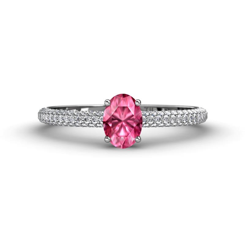 Serina Classic Oval Cut Pink Tourmaline and Round Diamond 3 Row Shank Engagement Ring 