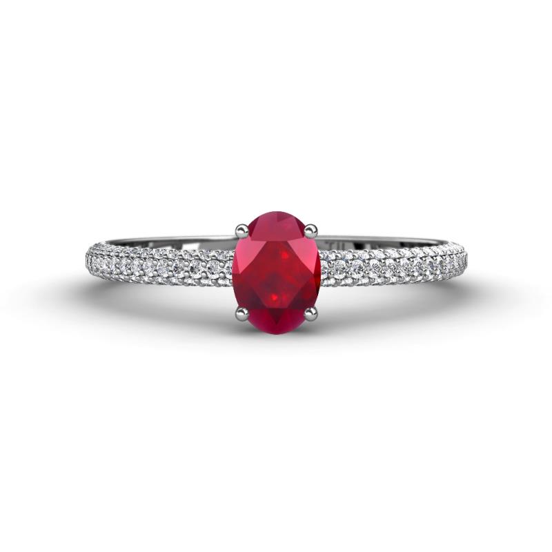 Serina Classic Oval Cut Ruby and Round Diamond 3 Row Shank Engagement Ring 
