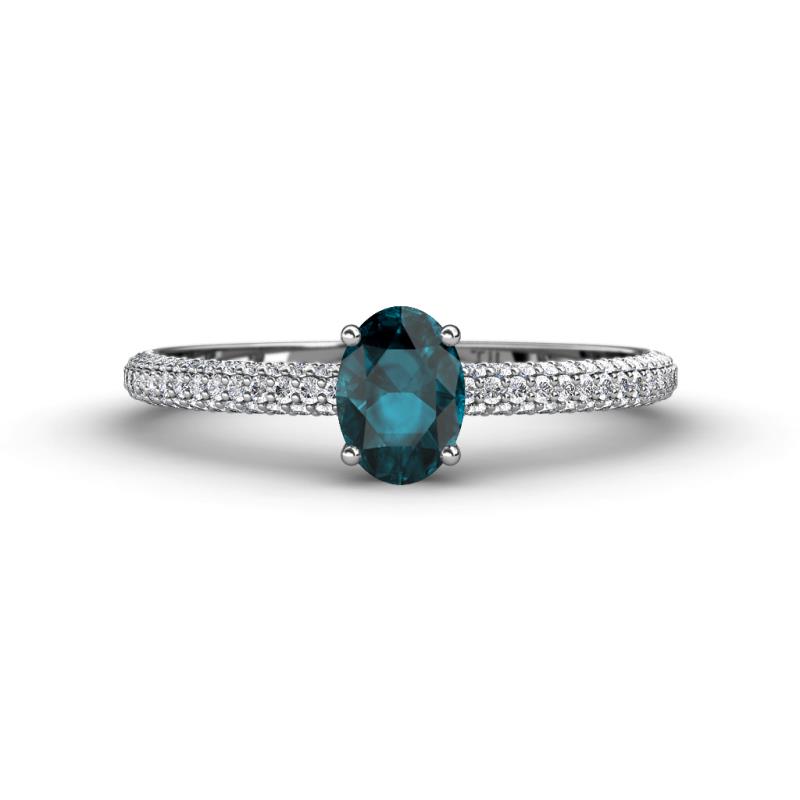 Serina Classic Oval Cut London Blue Topaz and Round Diamond 3 Row Shank Engagement Ring 