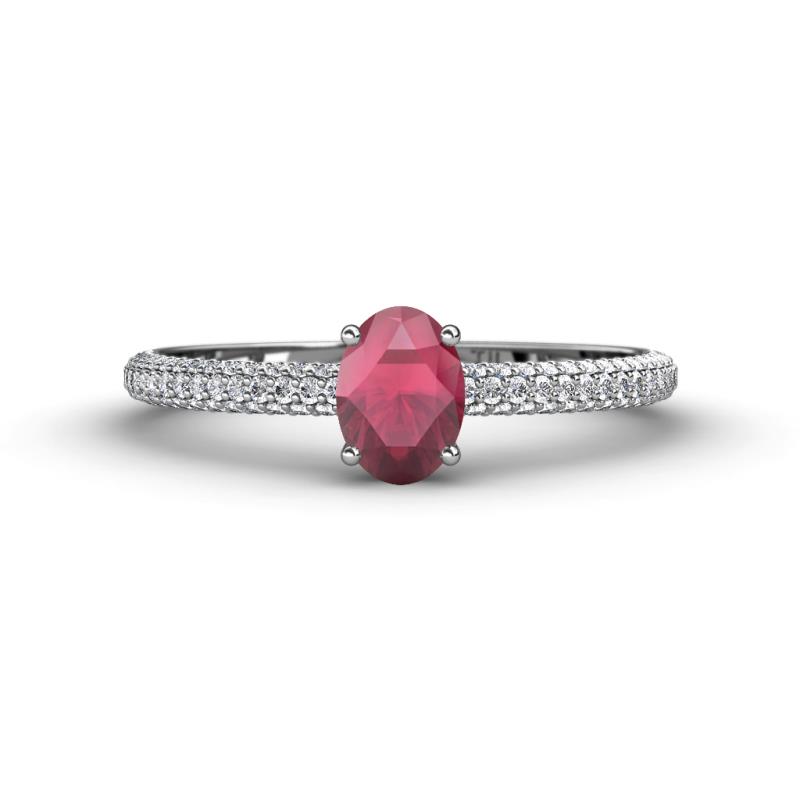 Serina Classic Oval Cut Rhodolite Garnet and Round Diamond 3 Row Shank Engagement Ring 