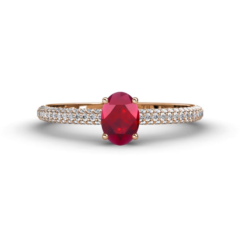 Serina Classic Oval Cut Ruby and Round Diamond 3 Row Shank Engagement Ring 
