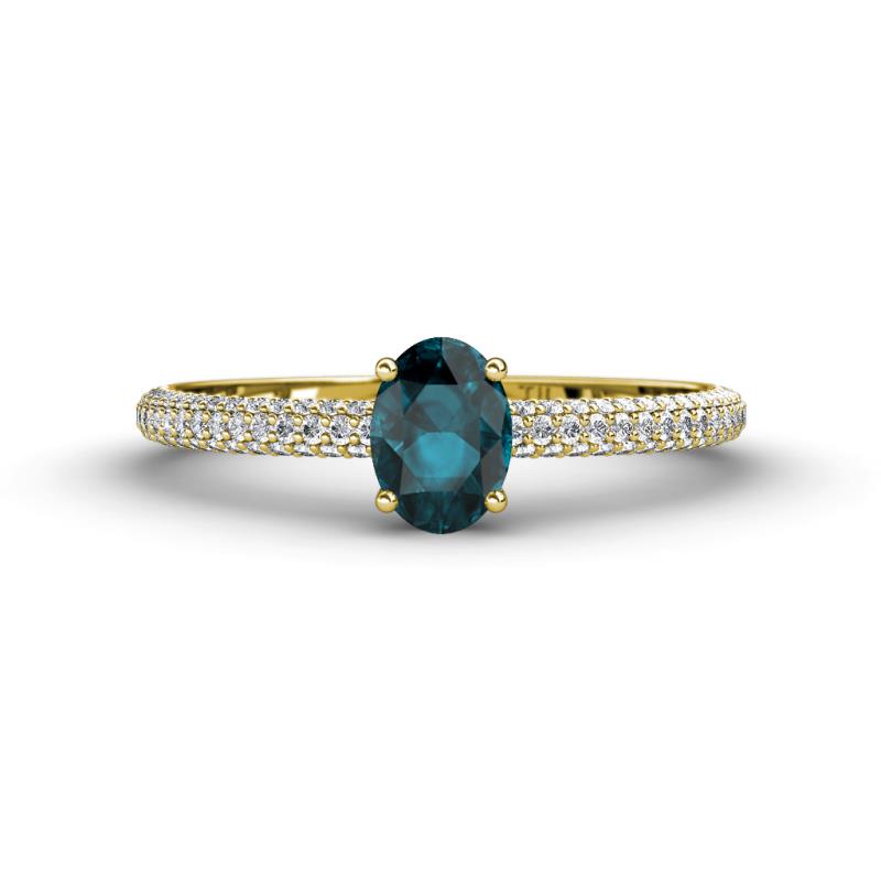 Serina Classic Oval Cut London Blue Topaz and Round Diamond 3 Row Shank Engagement Ring 