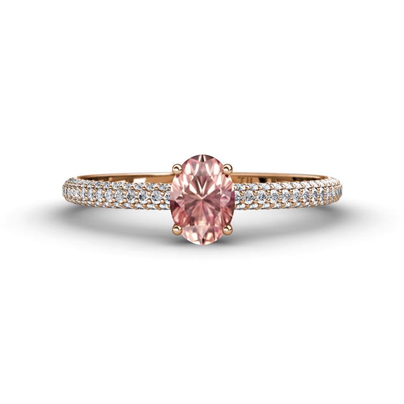 Serina Classic Oval Cut Morganite and Round Diamond 3 Row Shank Engagement Ring 