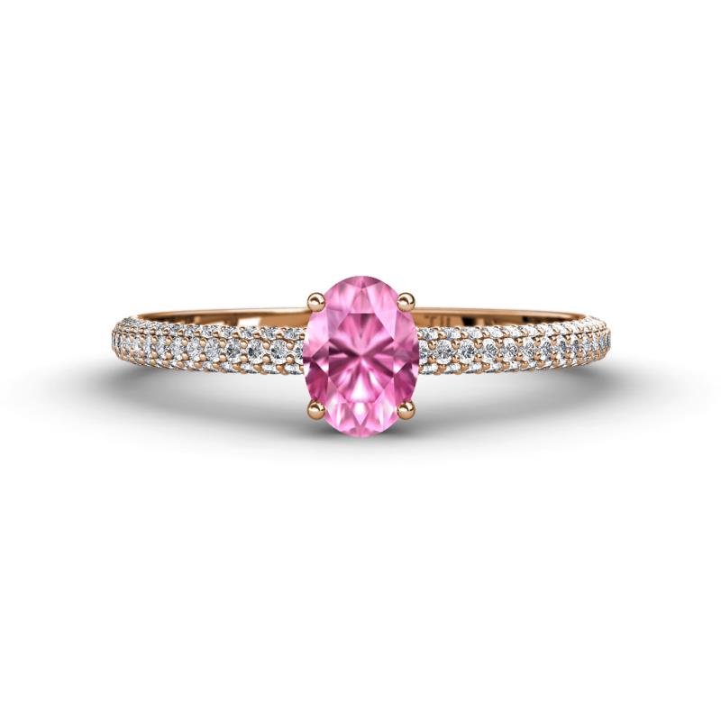 Serina Classic Oval Cut Pink Sapphire and Round Diamond 3 Row Shank Engagement Ring 