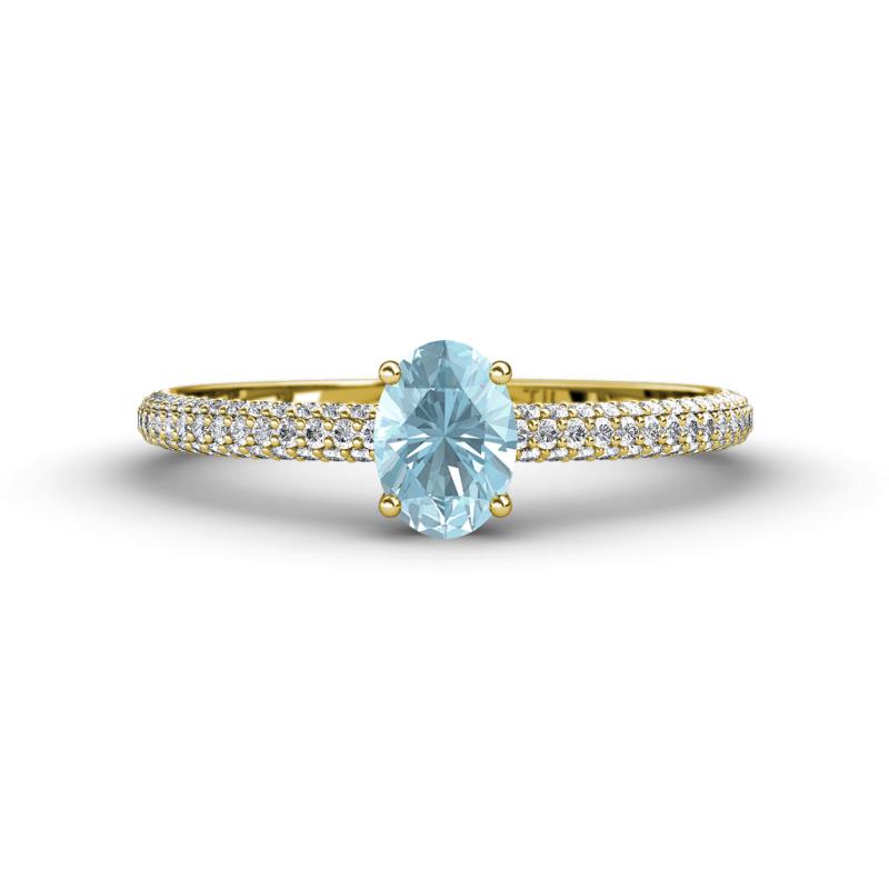 Serina Classic Oval Cut Aquamarine and Round Diamond 3 Row Shank Engagement Ring 