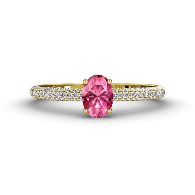 Serina Classic Oval Cut Pink Tourmaline and Round Diamond 3 Row Shank Engagement Ring 