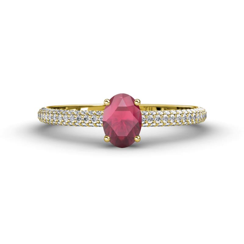 Serina Classic Oval Cut Rhodolite Garnet and Round Diamond 3 Row Shank Engagement Ring 