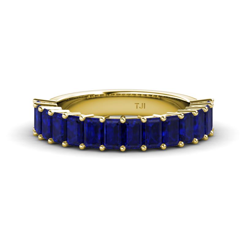 Alaya Emerald Cut Blue Sapphire 14 Stone Wedding Band 