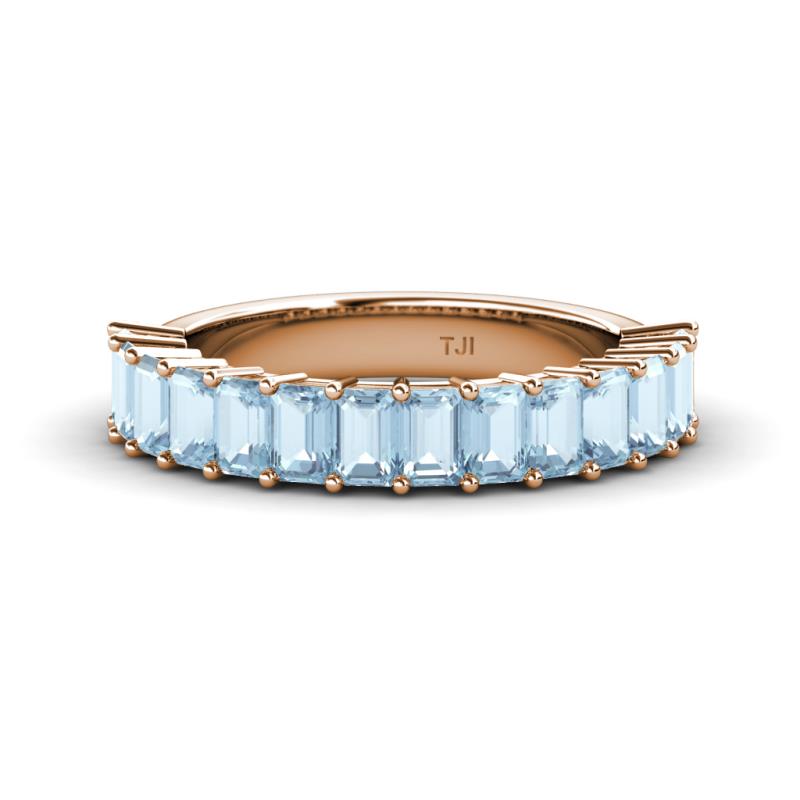 Alaya Emerald Cut Aquamarine 14 Stone Wedding Band 