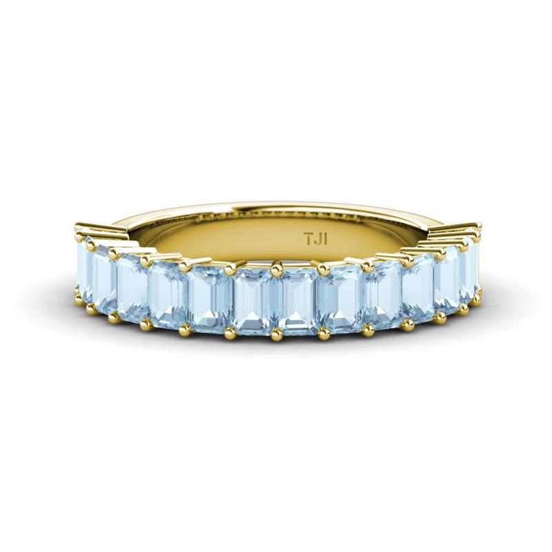 Alaya Emerald Cut Aquamarine 14 Stone Wedding Band 