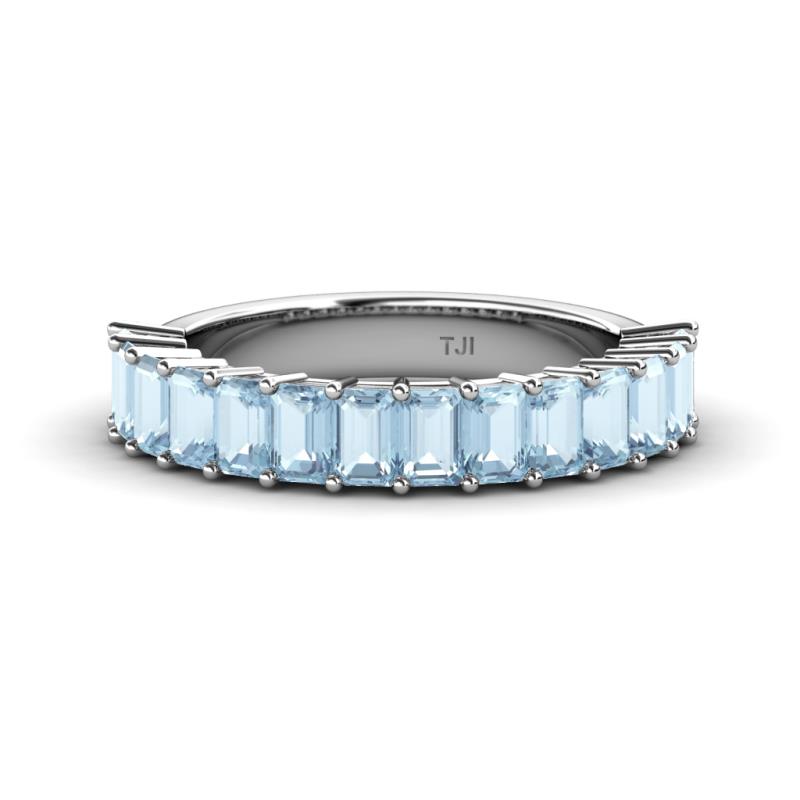 Alaya Emerald Cut Aquamarine 14 Stone Wedding Band 
