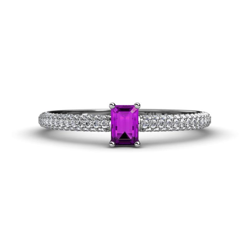 Serina Classic Emerald Cut Amethyst and Round Diamond 3 Row Shank Engagement Ring 