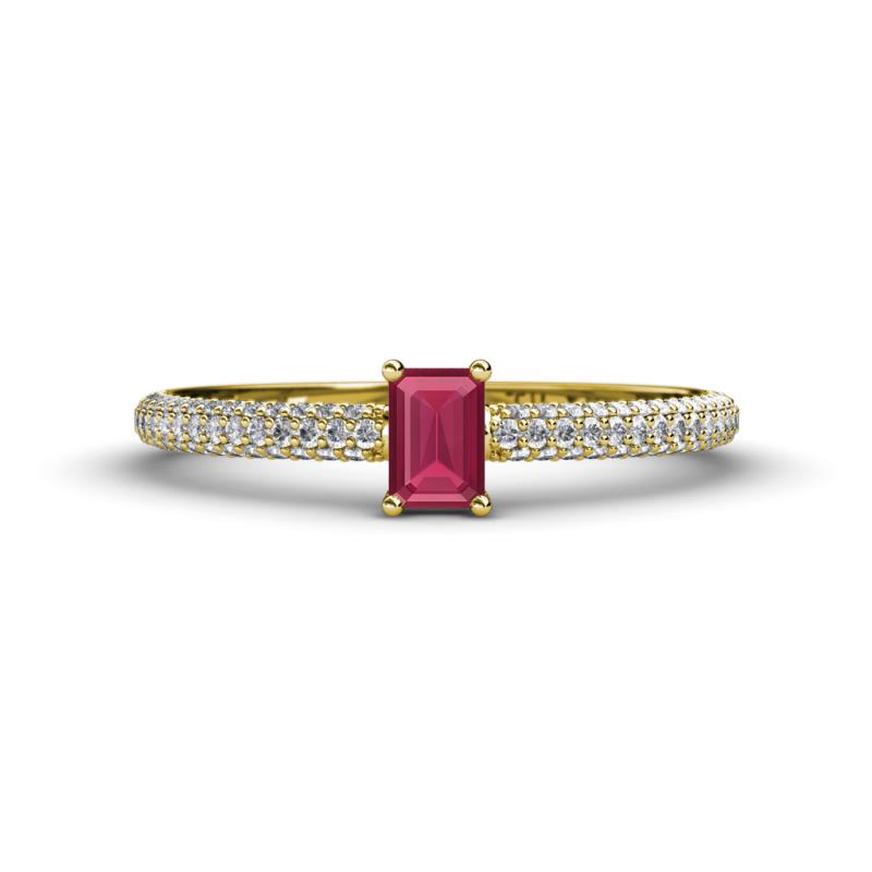 Serina Classic Emerald Cut Rhodolite Garnet and Round Diamond 3 Row Shank Engagement Ring 