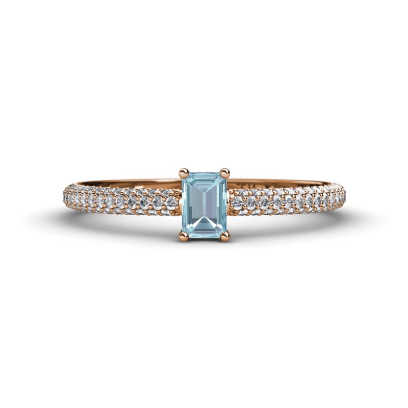 Serina Classic Emerald Cut Aquamarine and Round Diamond 3 Row Shank Engagement Ring 