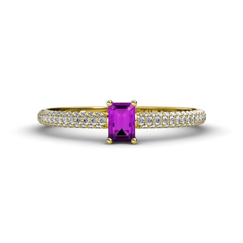 Serina Classic Emerald Cut Amethyst and Round Diamond 3 Row Shank Engagement Ring 