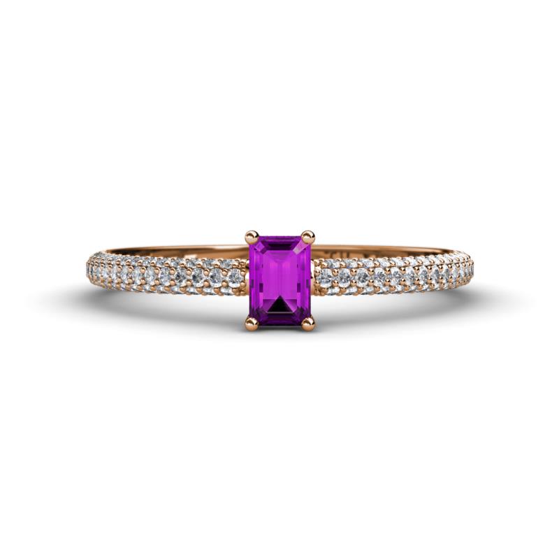 Serina Classic Emerald Cut Amethyst and Round Diamond 3 Row Shank Engagement Ring 