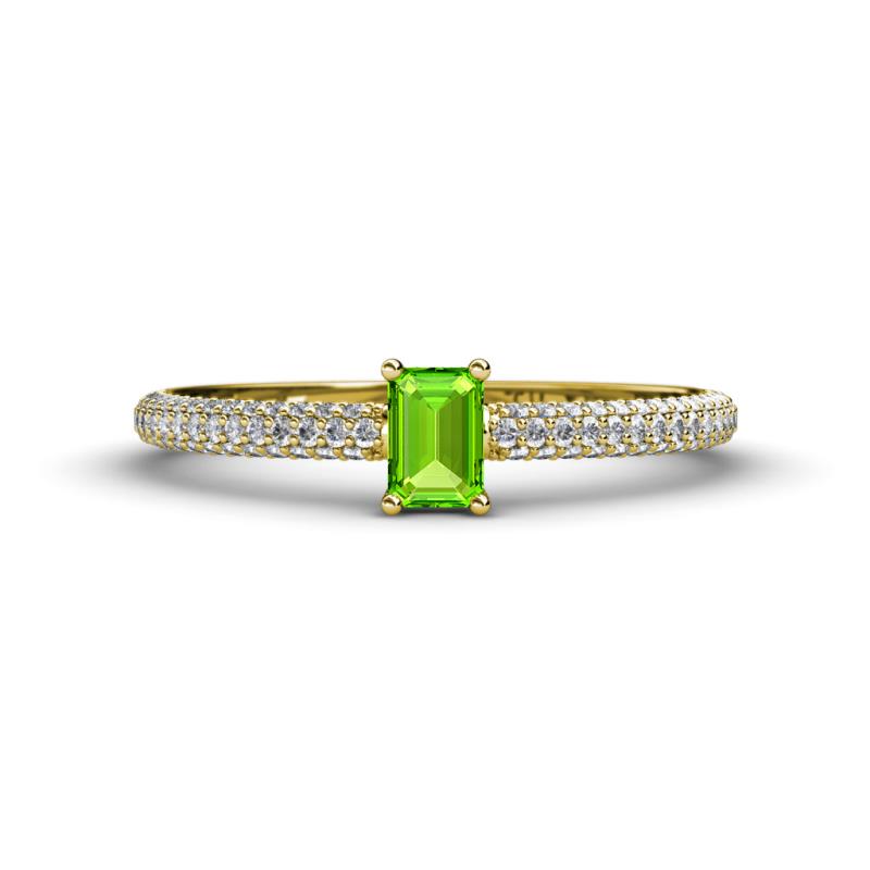 Serina Classic Emerald Cut Peridot and Round Diamond 3 Row Shank Engagement Ring 