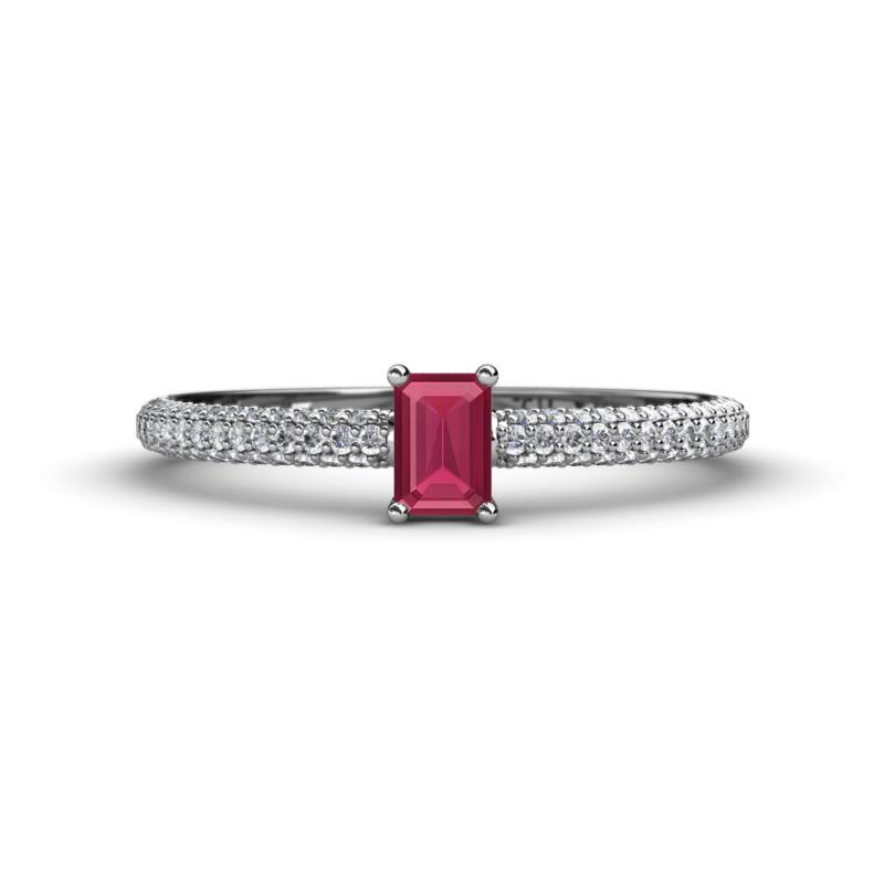 Serina Classic Emerald Cut Rhodolite Garnet and Round Diamond 3 Row Shank Engagement Ring 