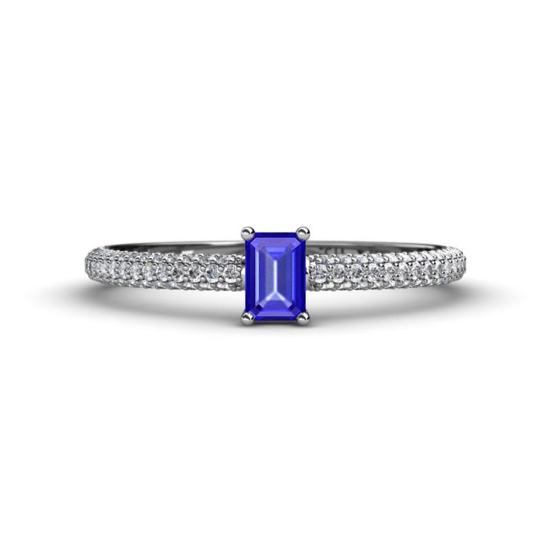 Serina Classic Emerald Cut Tanzanite and Round Diamond 3 Row Shank Engagement Ring 