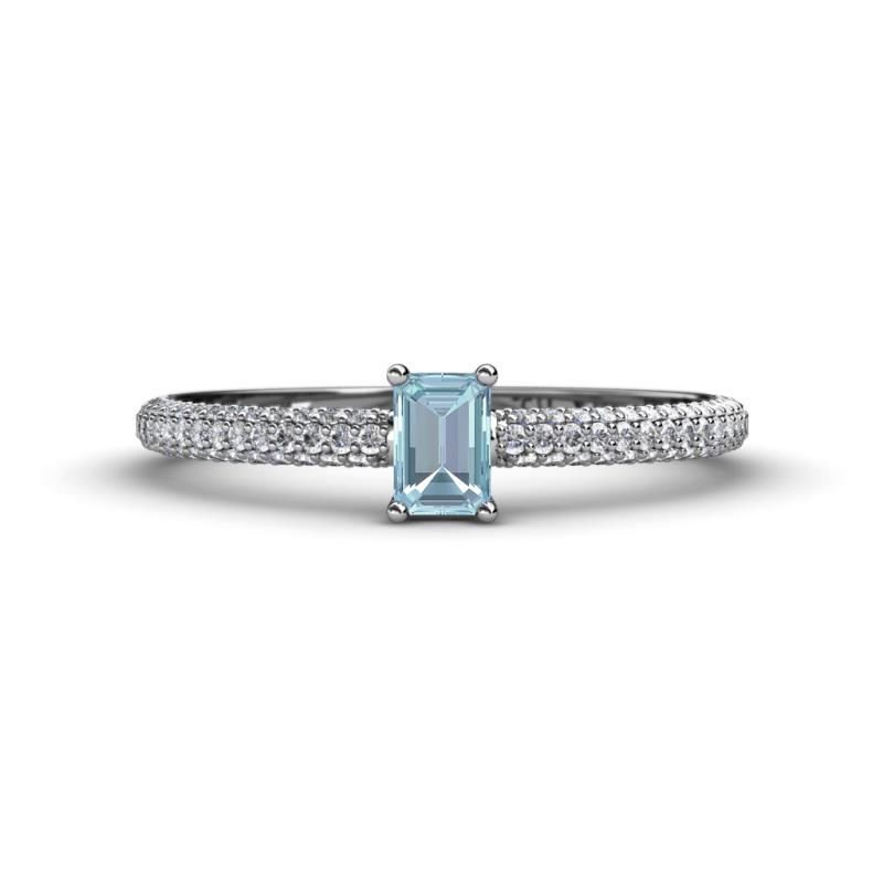 Serina Classic Emerald Cut Aquamarine and Round Diamond 3 Row Shank Engagement Ring 