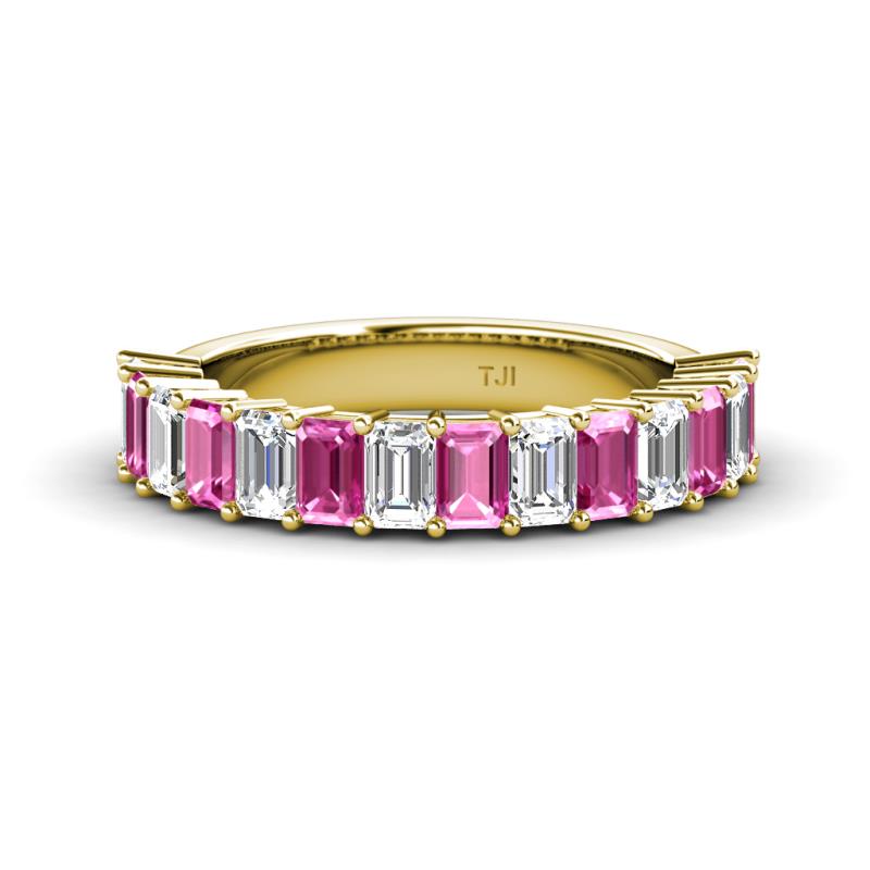 Alaya Emerald Cut Pink Sapphire and Diamond 14 Stone Wedding Band 
