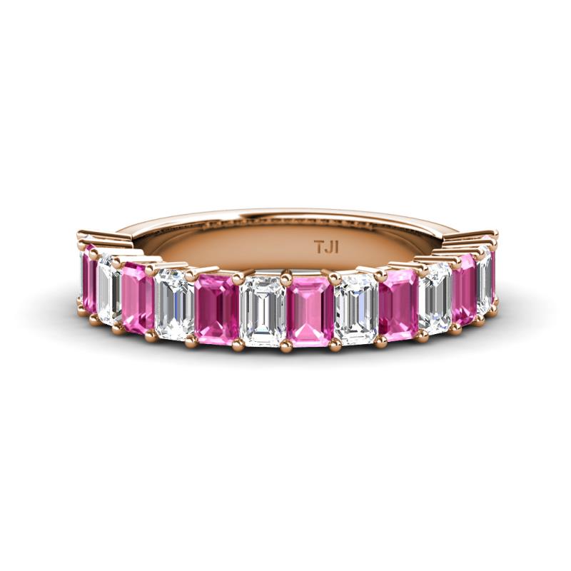Alaya Emerald Cut Pink Sapphire and Diamond 14 Stone Wedding Band 