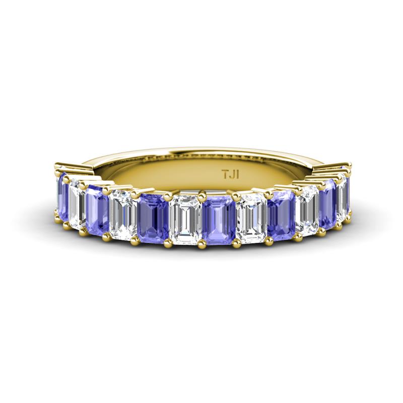 Alaya Emerald Cut Tanzanite and Diamond 14 Stone Wedding Band 