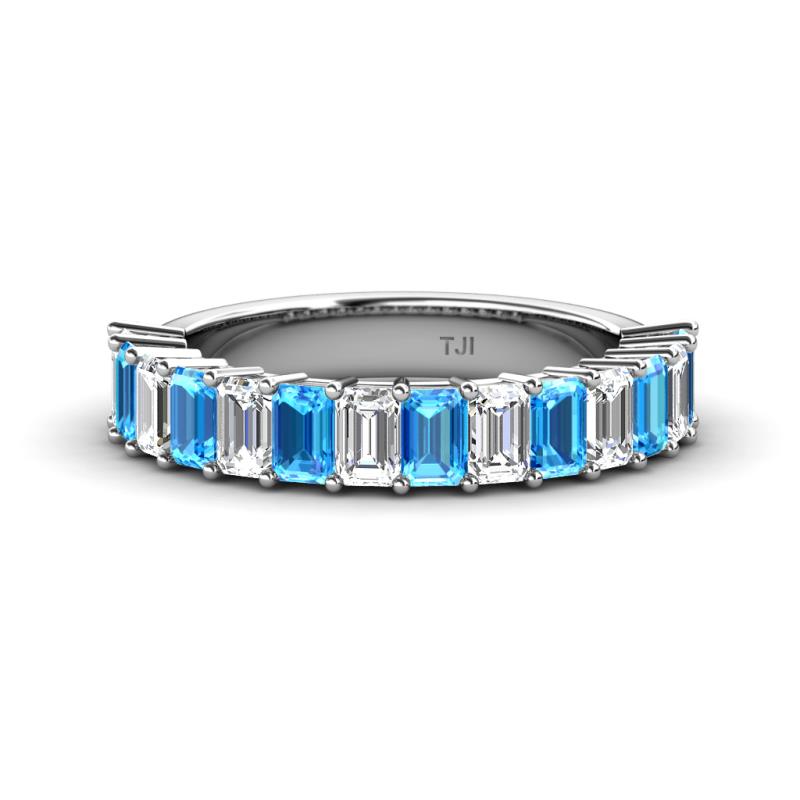 Alaya Emerald Cut Blue Topaz and Diamond 14 Stone Wedding Band 