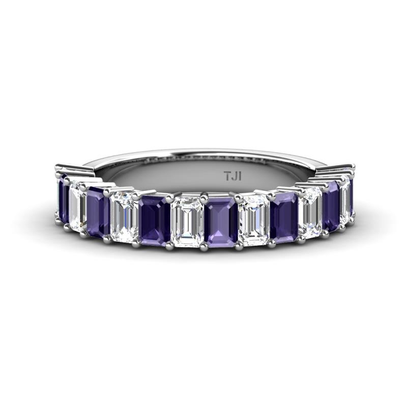 Alaya Emerald Cut Iolite and Diamond 14 Stone Wedding Band 