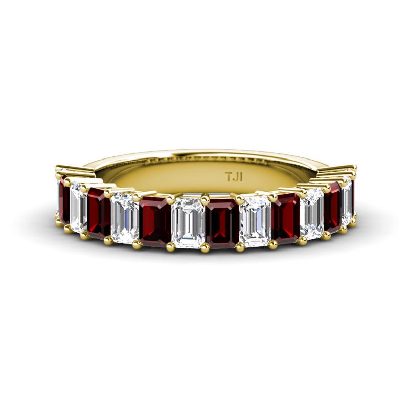 Alaya Emerald Cut Red Garnet and Diamond 14 Stone Wedding Band 