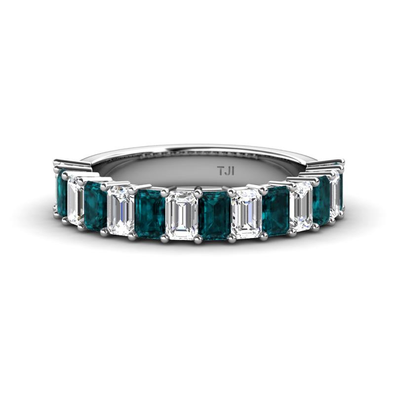 Alaya Emerald Cut London Blue Topaz and Diamond 14 Stone Wedding Band 
