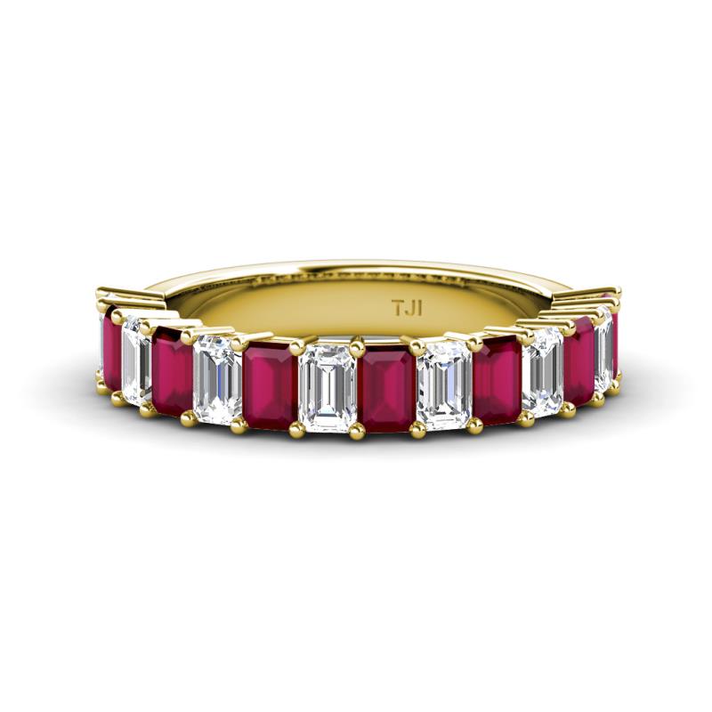 Alaya Emerald Cut Ruby and Diamond 14 Stone Wedding Band 