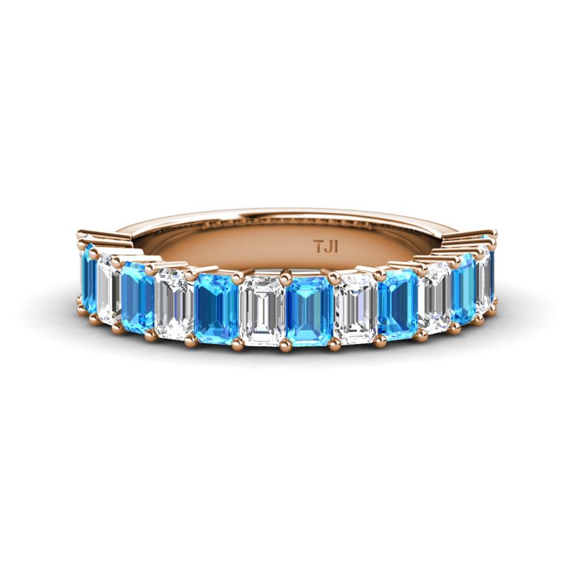 Alaya Emerald Cut Blue Topaz and Diamond 14 Stone Wedding Band 