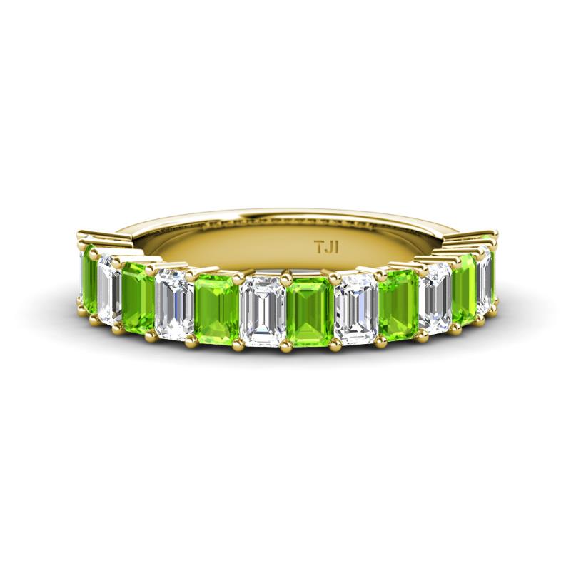 Alaya Emerald Cut Peridot and Diamond 14 Stone Wedding Band 