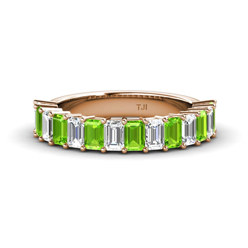Alaya Emerald Cut Peridot and Diamond 14 Stone Wedding Band 