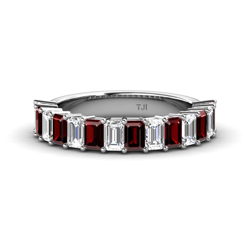 Alaya Emerald Cut Red Garnet and Diamond 14 Stone Wedding Band 