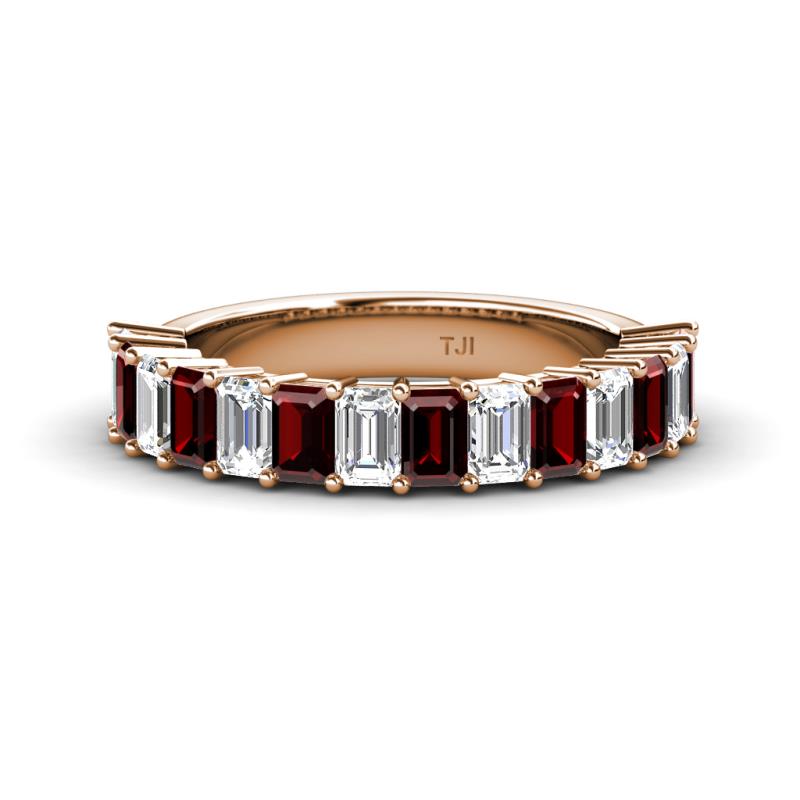 Alaya Emerald Cut Red Garnet and Diamond 14 Stone Wedding Band 