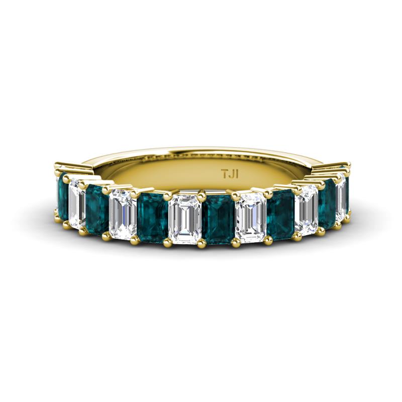 Alaya Emerald Cut London Blue Topaz and Diamond 14 Stone Wedding Band 