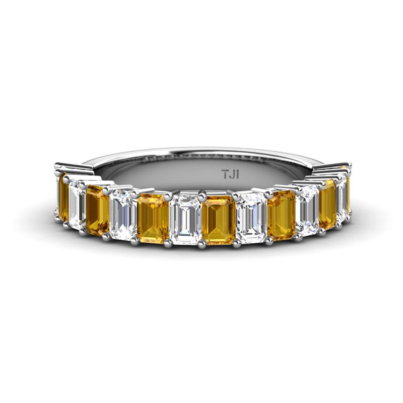 Alaya Emerald Cut Citrine and Diamond 14 Stone Wedding Band 