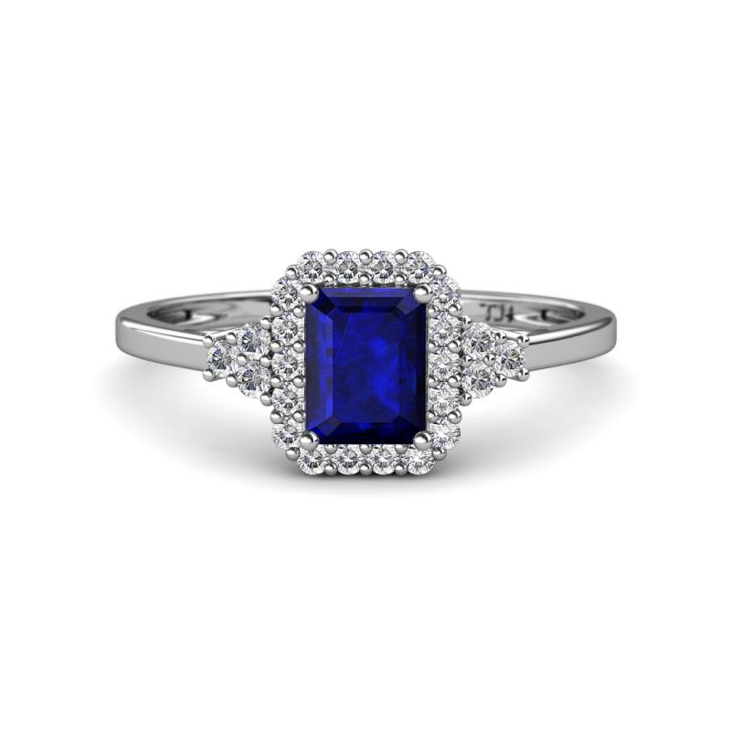 Josie Rainbow Emerald Cut Lab Created Blue Sapphire and Round Diamond Halo Engagement Ring 